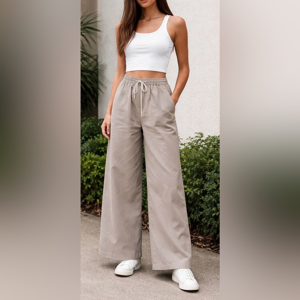 Wynn Hamlyn Taupe 100% Cotton Wide Leg Drawstring Pants Size USA 6